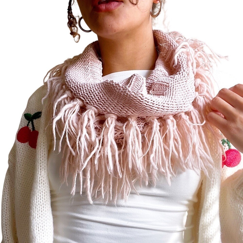 Vintage 90s Hand-knitted Earthy Whimsy Boho Light Pink Fringe Scarf